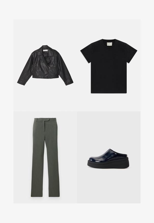 Schwarze, cropped Bikerjacke aus Leder mit Reverskragen, langen Ärmeln und Reißverschluss vorne. Sie hat eine strukturiert wirkende Oberfläche und seitliche Taschen.; Schwarzes Kurzarm-T-Shirt mit Rundhalsausschnitt und einem weißen Etikett im Kragen, darauf steht "D.R.C. EST. 2002", vor einem weißen Hintergrund.; Dunkelgraue, taillierte Hose mit Nadelstreifen, Gürtelschlaufen und geradem Bein, flach auf einem weißen Hintergrund ausgelegt.; Marineblaue Lackledersandale mit glatter Oberfläche, ausgestattet mit einer dicken schwarzen Plattformsohle und sichtbaren Nähten entlang der Basis.