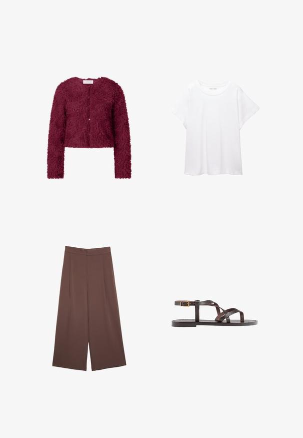 Cardigan court bordeaux en matériau texturé et duveteux, avec des manches longues et une fermeture boutonnée à l'avant.; T-shirt blanc en tissu doux et léger. Il présente un col rond et des manches courtes et larges avec une coupe décontractée. Aucun motif visible.; Pantalons larges marron avec une texture lisse, dotés d'une taille haute et de plis à l'avant. Le tissu est léger et tombe de manière fluide.; Sandale en cuir marron avec des brides entrecroisées, une fermeture à boucle à la cheville et une semelle plate avec des détails de couture minimaux.