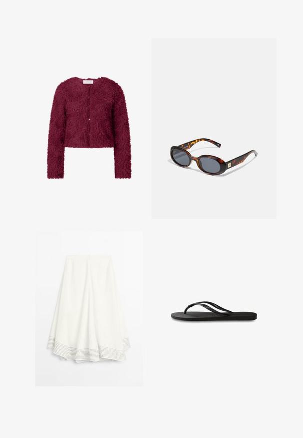Burgundy cropped cardigan featuring a textured, fluffy material, long sleeves, and button closure at the front.; White cotton t-shirt with short sleeves, crew neckline, and a relaxed fit. Smooth texture and simple design, no patterns or accents.; White midi skirt with a flared hem featuring thin horizontal black stripes, and a zipper closure at the back.; Black flip-flop featuring a textured rubber sole, two slender straps, and a subtle, embossed logo detail on the strap.; Brown tortoiseshell sunglasses with oval lenses and dark grey tint. Features a gold-tone accent on the temples. Smooth plastic texture.
