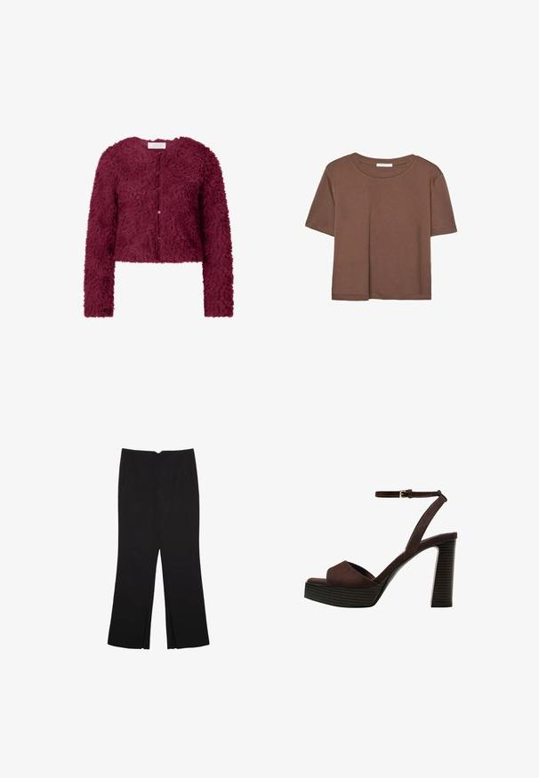 Bordeaux geknipte cardigan met een textuur, pluizig materiaal, lange mouwen en knoopsluiting aan de voorkant.; Korte mouwen T-shirt in bruin, gemaakt van een zachte stof, met een ronde halslijn en een relaxte pasvorm. Geen zichtbare patronen of accenten.; Zwarte broek met een rechte pasvorm, voorzien van zijzakken en plooien aan de onderzijde. Gemaakt van zachte, gladde stof. Geschikt voor verschillende gelegenheden.; Bruine suède high-heeled sandaal met een open teen, verstelbare enkelband en een gestreepte plateauzool.