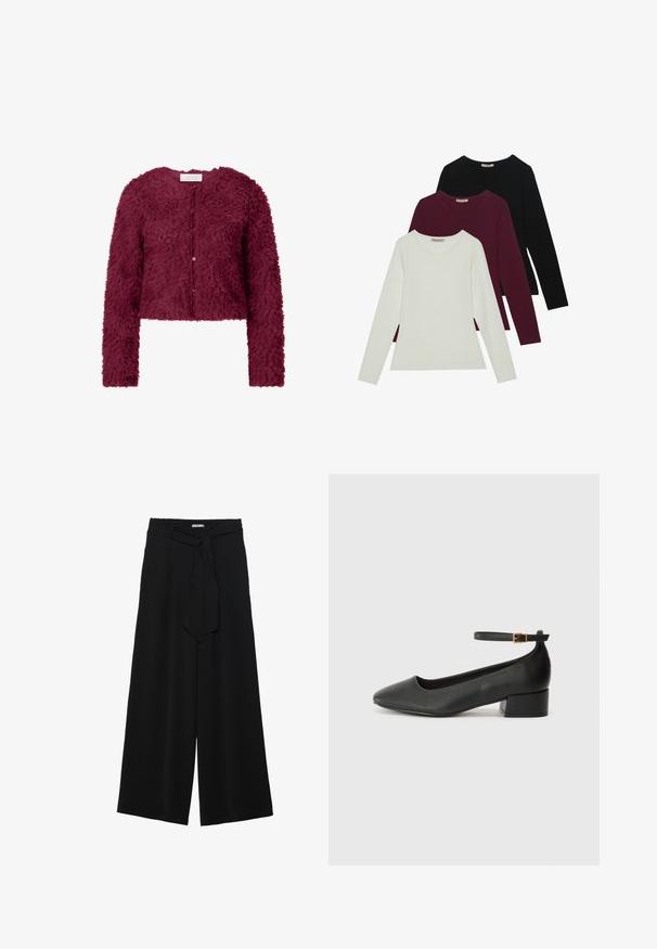 Burgundy cropped cardigan featuring a textured, fluffy material, long sleeves, and button closure at the front.; Long-sleeve t-shirts in white, burgundy, and black. Made of soft fabric with a round neckline and fitted design. Suitable for layering.; Black wide-leg pants featuring a textured fabric, an elastic waistband, and a detachable sash tie at the waist for adjustable fit.; Black leather pump with a pointed toe and a low block heel. Features an ankle strap with a gold-tone buckle. Smooth texture.