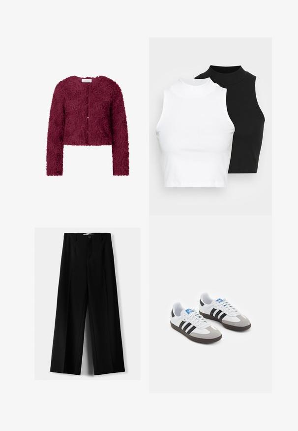 Burgunderfarbene, kurz geschnittene Strickjacke aus einem strukturierten, flauschigen Material, mit langen Ärmeln und Knopfverschluss auf der Vorderseite.; Zwei ärmellose, gerippte Rollkragenoberteile in Schwarz und Weiß, mit einer figurbetonten Passform und glatter Textur sowie einer cropped Länge.; Schwarze weite Hosen aus leichtem Stoff, mit einem Knopfverschluss vorne und flachem Bund, mit sorgfältig genähten Säumen.; Sportschuhe mit einem Obermaterial aus weißem Leder, grauer Wildleder-Zehenkappe und drei schwarzen Streifen. Sie verfügen über ein blaues Logo auf der Zunge und eine strukturierte Gummisohle.