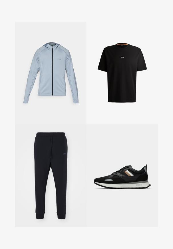 Light blue zip-up hoodie with a black zipper, long sleeves, and side pockets. Features a hood and subtle seam details. Made from smooth fabric.; Black cotton t-shirt with round neckline, short sleeves, and white “BOSS” logo centered on the chest. Smooth texture, casual fit.; Black sweatpants made of soft material with an elastic waistband, drawstring, and tapered legs. Features a small logo on the side.; Black running shoe with a textured surface, light gray accents, and three horizontal stripes in brown. Features a white cushioned sole.