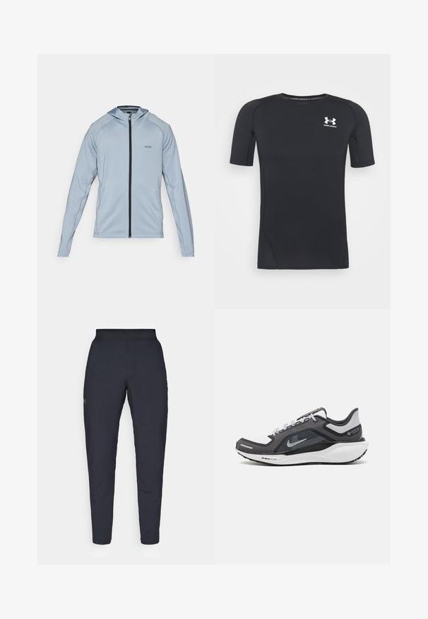 Ljusblå zip-up hoodie med svart dragkedja, långa ärmar och sidofickor. Har en huva och subtila sömdetaljer. Tillverkad av ett mjukt tyg.; Svart kortärmad atletisk tröja gjord av fukttransporterande, elastisk tyg. Har en rund halsringning och en liten vit logotyp på bröstet.; Svarta träningsbyxor med en slät yta, slim fit, elastisk midja och sidofickor. Har en liten logotyp på vänstra låret.; Svart och grå atletisk sko med ovandel i mesh, reflexdetaljer och en vit mellansula. Har en strukturerad gummisula och skosnören.