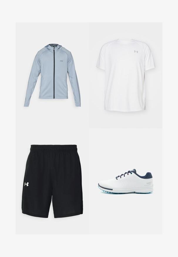 Gaiši zila kapučīna jakas ar melnu rāvējslēdzēju, gariem piedurkņiem un sānu kabatām. Ietver kapuci un smalkas šuvju detaļas. Izgatavota no gludas auduma.; Baltas īsajiem piedurknēm sporta krekls, izgatavots no gludas auduma. Tam ir apaļa kakla izgriezums un pelēks logo uz kreisās krūtis, kā arī sānu šķēlumi apakšmalā.; Melni sporta šorti, kas izgatavoti no viegla auduma, ar elastīgu jostasvietu un balto logotipu kreisajā pusē.; Baltas sporta apavos ar gludu sintētisku virsu, ziliem akcentiem, teksturētu tumši zilu papēdi un vieglu, ar kājām izstrādātu zoli, kas nodrošina saķeri.