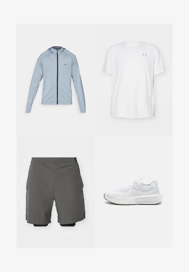 Lyseblå zip-up hoodie med en sort lynlås, lange ærmer og sidelommer. Har en hætte og subtile sømdetaljer. Lavet af glat stof.; Hvid kortærmet sportsbluse lavet af glat stof. Har en rund halsudskæring og et gråt logo på venstre bryst, samt slidser i siderne ved kanten.; Grå atletiske shorts lavet af et glat, let stof med elastisk talje, der inkluderer indre kompressionsshorts og sidelommer.; Hvid atletiksko med et struktureret strikoverdel, snørelukning, polstret sål og et karakteristisk branddetalje på siden.