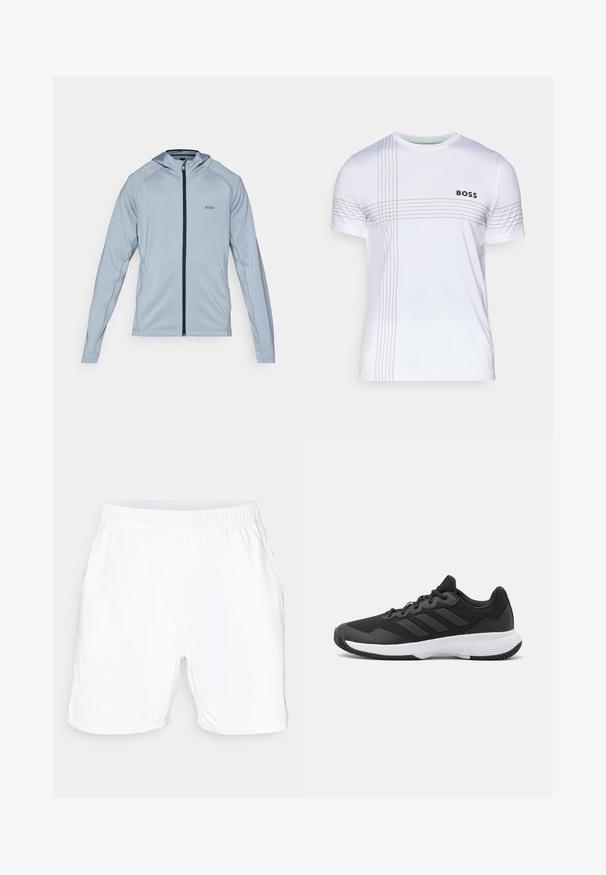 Lichtblauwe hoodie met rits, een zwarte rits, lange mouwen en zijzakken. Heeft een capuchon en subtiele naaddetails. Gemaakt van een gladde stof.; Wit T-shirt met korte mouwen, voorzien van een gedrukt geometrisch patroon met dunne grijze en oranje lijnen, en een zwart "BOSS"-logo aan de voorkant.; Witte sport shorts met een elastische tailleband, gladde textuur en korte lengte. Geen zichtbare patronen of extra details.; Zwarte sportieve schoen met een gestructureerde bovenkant, drie horizontale strepen en een witte zool met een gepatternde loopvlak. Lichtgewicht en gestroomlijnd ontwerp.