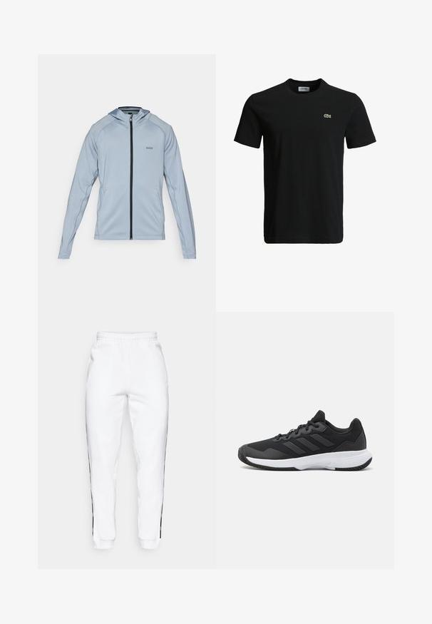 Lyseblå zip-up hoodie med en sort lynlås, lange ærmer og sidelommer. Har en hætte og subtile sømdetaljer. Lavet af glat stof.; Sort bomulds T-shirt med rund halsudskæring, korte ærmer og et lille grønt krokodille-logo på venstre bryst. Glat tekstur, afslappet design.; Hvide sweatsbukser med elastisk talje, udstyret med sorte sidestriber og manchetter. Lavet af blødt stof med en glat tekstur.; Sort atletisk sko med en struktureret overdel, tre vandrette striber og en hvid sål med et mønstret slidbane. Letvægts- og strømlinet design.