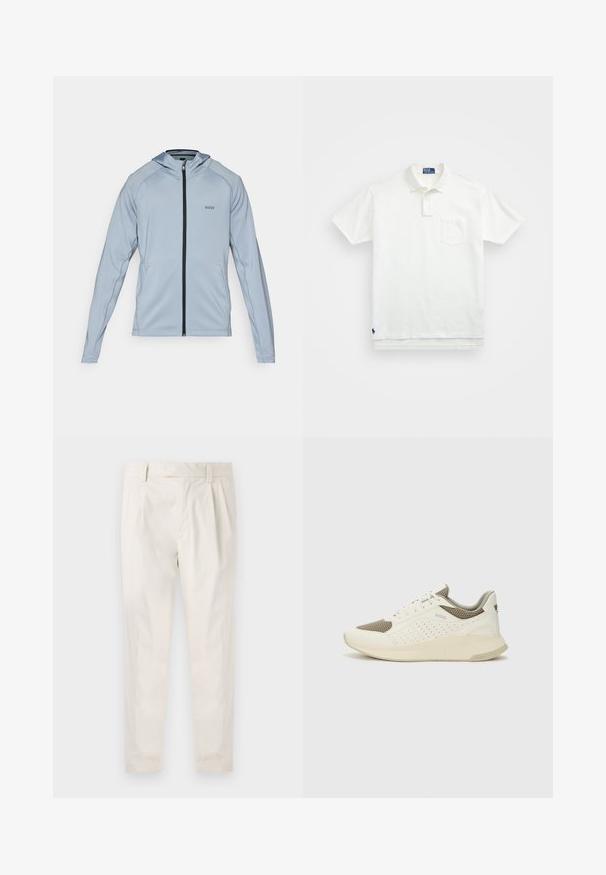 Lyseblå hettejakke med svart glidelås, lange ermer og sidelommer. Har hette og diskrete sømdetaljer. Laget av glatt stoff.; Hvit polo skjorte laget av bomull, med klassisk krage, tre-knapps ståkrage og lomme på venstre bryst; liten logo ved kanten.; Hvite, pregede bukser med skreddersydd passform, som har en jevn tekstur, beltehemper og avsmalnende ben. Ingen synlige lommer eller mønstre.; Hvit og lysebeige treningssko, med en mesh-overdel, perforerte detaljer og en teksturert mellomsåle med merkevare på hælen.