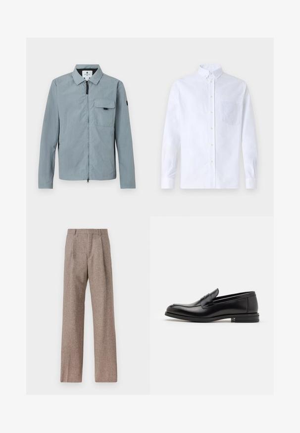 Jasnoniebieska, długosleeve kurtka z kołnierzem, zamek błyskawiczny z przodu i kieszenią na piersi. Posiada czarny akcent na lewym ramieniu. Gładka faktura.; Biała koszula z długim rękawem na guziki, wykonana z bawełny, z kieszonką na piersi z tonowym haftem, kołnierzykiem i zapięciem na guziki przy mankietach.; Brązowe, wysokiej talii spodnie wykonane z teksturowanej tkaniny. Posiadają szerokie nogawki i dwa przednie zakładki dla lepszej struktury. Starannie wykończone, bez widocznych elementów metalowych.; Czarne skórzane mokasyny o gładkiej fakturze, zaokrąglonym nosku i dekoracyjnym pasku na przodzie. Niski, warstwowy obcas, minimalistyczny design.