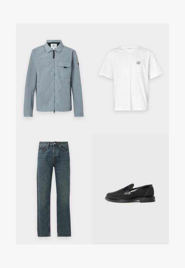 Ανοιχτό μπλε, μακρυμάνικο μπουφάν με γιακά, μπροστινό φερμουάρ και τσέπη στο στήθος. Διαθέτει μαύρη λεπτομέρεια στο αριστερό μανίκι. Λείο υφασμά.; Λευκό μπλουζάκι από βαμβάκι με κοντά μανίκια, στρογγυλή λαιμόκοψη και μικρό γκρίζο λογότυπο στην αριστερή περιοχή του στήθους. Λείο υφασμά.; Σκούρο μπλε τζιν παντελόνι με σχέδιο ευθείας γραμμής, που διαθέτει πέντε τσέπες, κλείσιμο με κουμπί και αντίθετες ραφές.; Μαύρο πλεκτό παπούτσι slip-on με λείο δερμάτινο στοιχείο στο άνω μέρος, στρογγυλή μύτη και χαμηλό καουτσούκ πάτο.