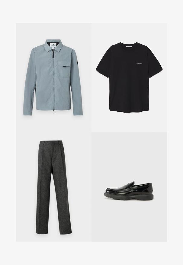 Casaco de mangas longas azul claro, com colarinho, fecho frontal e um bolso no peito. Apresenta um detalhe preto no braço esquerdo. Textura suave.; T-shirt preta de algodão com gola redonda, mangas curtas e impressão de logó tipo branca no lado esquerdo do peito. Design simples, de cor sólida.; Calças cinzentas ajustadas, feitas de um tecido texturizado, com duas pregas frontais e um design de perna reta. Sem bolsos visíveis ou enfeites.; Mocassim de couro preto com acabamento brilhante, bico arredondado, detalhes de costura subtil e sola de borracha espessa para durabilidade.