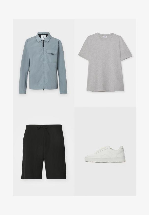 Light blue, long-sleeve jacket with a collar, front zipper, and a chest pocket. Features a black accent on the left arm. Smooth texture.; Gray short-sleeve T-shirt made from soft, textured fabric. Features a classic crew neck and a straight hem, suitable for casual wear.; Black linen shorts with a drawstring waist, featuring a relaxed fit and knee-length design. Smooth texture, simple and classic style.; White leather sneaker with a smooth finish, round toe, flat laces, and a textured sole. Features a subtle logo on the heel.