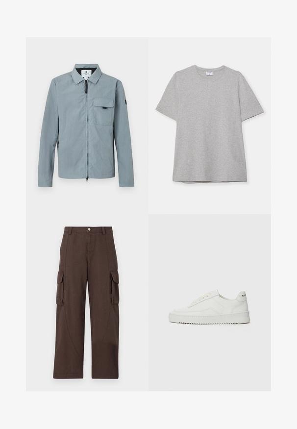 Light blue, long-sleeve jacket with a collar, front zipper, and a chest pocket. Features a black accent on the left arm. Smooth texture.; Gray short-sleeve T-shirt made from soft, textured fabric. Features a classic crew neck and a straight hem, suitable for casual wear.; Han Kjøbenhavn CARGO TROUSERS - Cargo trousers - dark brown; White leather sneaker with a smooth finish, round toe, flat laces, and a textured sole. Features a subtle logo on the heel.