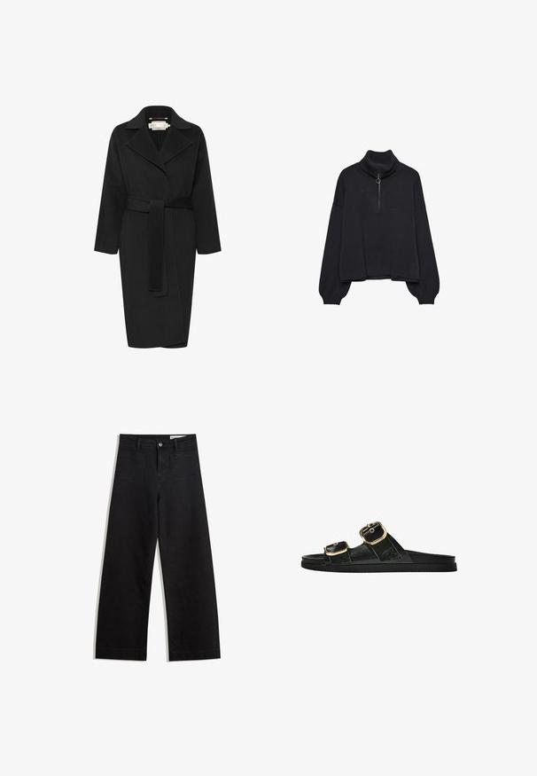 Svart ullkappa med belted midja, bred krage och långa ärmar. Har en ren design med en medellång passform. Texturerat tyg.; Svart polotröja med halvdragkedja framtill, överdimensionerade ärmar och mjuk textur. Har en ribbad krage och nederkant. Minimalistisk design.; Svarta vida denimbyxor med hög midja, med fram- och bakfickor, sydda sömmar och knappstängning. Slät textur.; Svart glidsandal med två guldfärgad spännen, slät textur av material, platt sula och en minimalistisk design.