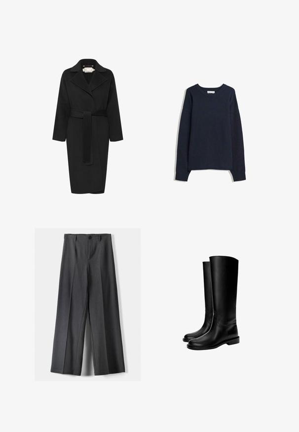 Svart ullkappa med belted midja, bred krage och långa ärmar. Har en ren design med en medellång passform. Texturerat tyg.; Marinblå tröja med V-hals, långa ärmar, ribbade ärmslut och nederkant. Tillverkad av mjukt stickat material, med en avslappnad passform och minimalistisk design.; Breda byxor i mörkgrått tyg, med knäppning, framvikt och bältesöglor. Slät textur med skräddarsydd design.; Svarta läderstövlar till knäna med en slät yta, rund tå, platt sula och minimalistisk design, med sydda sömmar och ingen synlig hårdvara.