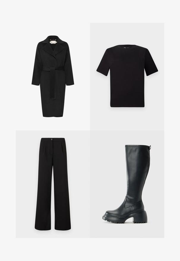 Melnas vilnas mēteles ar jostu ap vidukli, plašu apkakli un garām piedurknēm. Iezīmēts ar gludu līniju dizainu un vidējas garuma piegriezumu. Tekstūrēts audums.; Melnas īsām piedurknēm T-krekls ar apaļu kakla izgriezumu, izgatavots no mīksta kokvilnas auduma. Vienkāršs dizains, bez redzamām logo vai rakstiem.; Melni augstais viduklis plašie bikses ar priekšējo pogu un rāvējslēdzēju, ar nelieliem krokām zem jostasvietas.; Augstas melnas ādas zābakus ar masīvu platformu un bloka papēdi, ar vilkšanas cilpu un strukturētu profilu uz ārējā zoles.