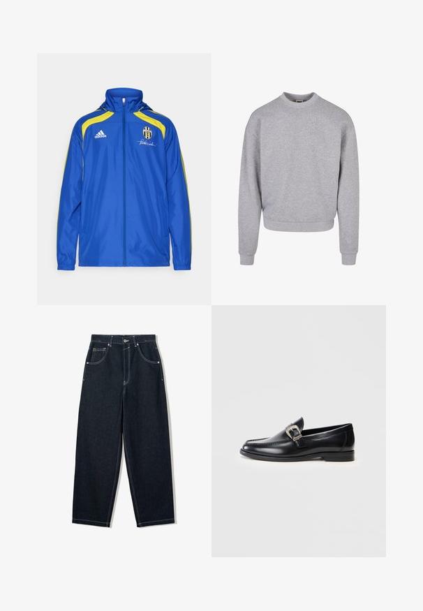 adidas Performance JUVENTUS TURIN URBAN PURIST WINDBREAKER - Vereinsmannschaften - team royal blue; Grauer Kapuzenpullover mit rundem Halsausschnitt, langen Ärmeln und gerippten Bündchen. Hergestellt aus einem weichen, strukturierten Material, mit einem lässigen Schnitt.; Weit geschnittene, dunkle Denim-Jeans mit kontrastierendem weißen Nähten, fünf Taschen und einem Knopfverschluss. Mit einem hochgeschnittenen Design.; Schwarze Lederloafer mit rundem Zehenbereich, detaillierter Naht, einem silbernen Schnallenakzent und einem niedrigen Absatz. Glatte Textur mit polierter Oberfläche.