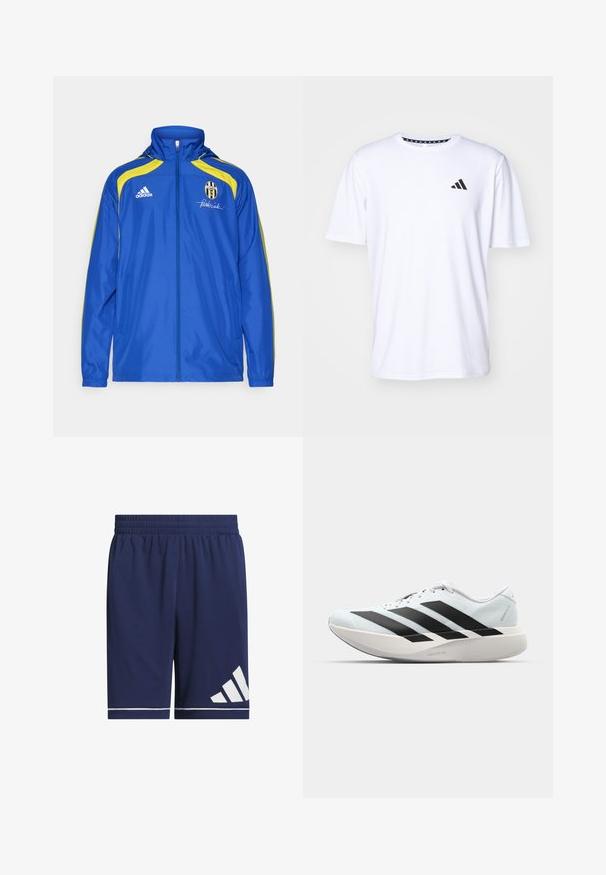 adidas Performance JUVENTUS TURIN URBAN PURIST WINDBREAKER - Klubové oblečenie - team royal blue; Biela krátkoprstá tričko vyrobené z látky s hladkou textúrou. Má čierne logo adidas na ľavej hrudi a vzorovaný golier.; Námornícky športové šortky vyrobené z ľahkého materiálu, s elastickým pásom, bielymi akcentovými pruhmi a kontrastným bielym logom na ľavej strane.; Ľahké bežecké topánky v svetlomodrej farbe s čiernymi pruhmi. Majú hladký zvršok, okrúle špičky a hrubú bielu medzipodrážku označenú "LIGHTSTRIKE PRO."