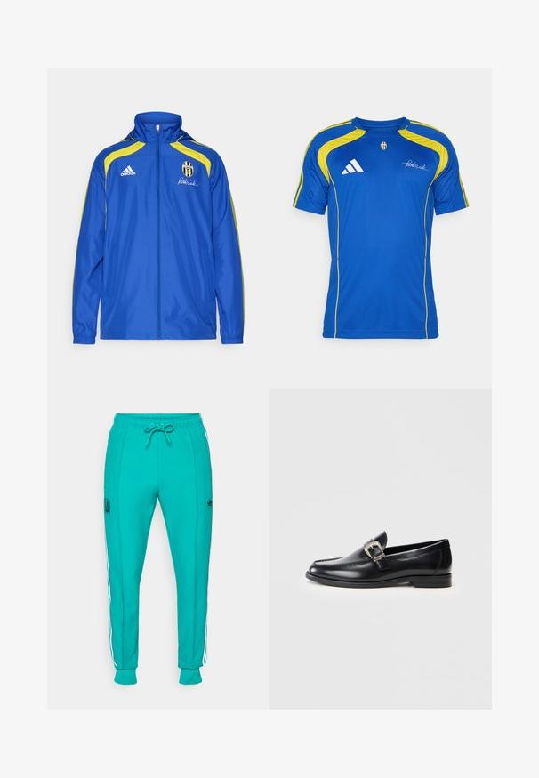 adidas Performance JUVENTUS TURIN URBAN PURIST WINDBREAKER - Klubové oblečenie - team royal blue; adidas Performance JUVENTUS TURIN URBAN PURIST JERSEY - Klubové oblečenie - team royal blue; adidas Originals LIVERPOOL FC ICON TRACK PANT - Klubové oblečenie - sea green; Čierne kožené mokasíny s okrúhlym špičkou, podrobným štepovaním, strieborným prackovým akcentom a nízkym podpätkom. Hladká textura s lesklým povrchom.