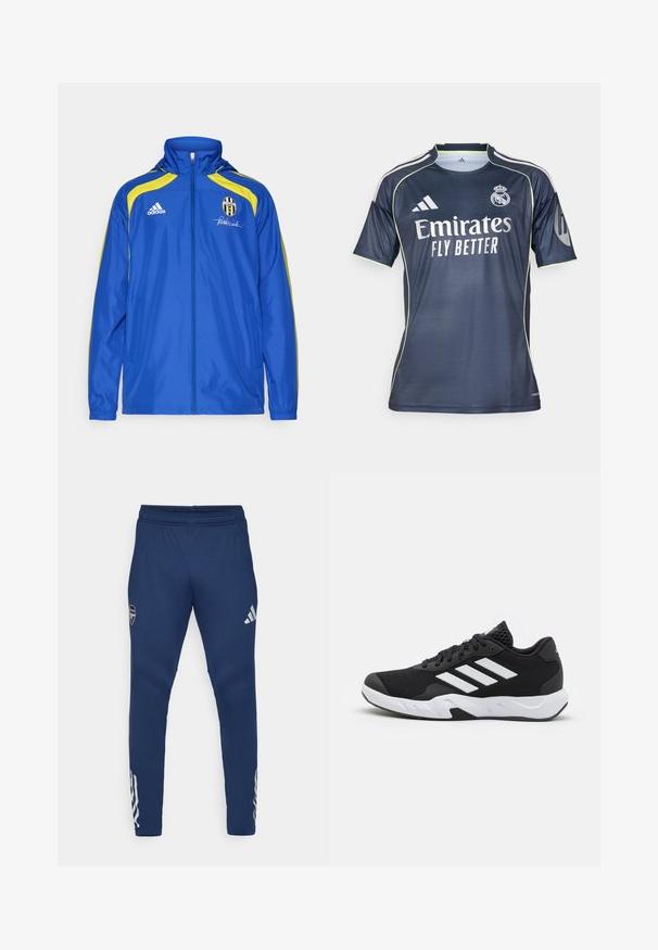 adidas Performance JUVENTUS TURIN URBAN PURIST WINDBREAKER - Echipament cluburi fotbal - team royal blue; Cămașă de fotbal bleu marin, dintr-un material neted, cu accente verde deschis, mâneci scurte și logo-ul "Emirates FLY BETTER" afişat proeminent.; Pantaloni sportivi albaștri cu talie elastică, design cu picior îngustat, logo argintiu pe coapsă și detalii distinctive cu trei dungi pe partea inferioară a piciorului.; Pantofi sport negri cu un material din plasă texturată, benzi albe de accent, o talpă cushioned și un călcâi întărit pentru suport.
