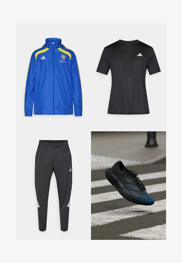 adidas Performance JUVENTUS TURIN URBAN PURIST WINDBREAKER - Klubska moštva - team royal blue; Črna športna majica iz lahkega mrežastega materiala, z kratkimi rokavi in belim logotipom na levi strani prsnega koša.; Črne športne hlače z zoženimi hlačnicami, elastnim pasom, stranskimi žepi ter belim logotipom in črtami. Narejene iz gladkega, lahkega materiala.; Črno in modro atletsko čevlje z aerodinamičnim dizajnom, teksturirano zgornjo plastjo, kontrastnimi črtami ter oblazinjeno podplatom, ki lebdi nad asfaltom.