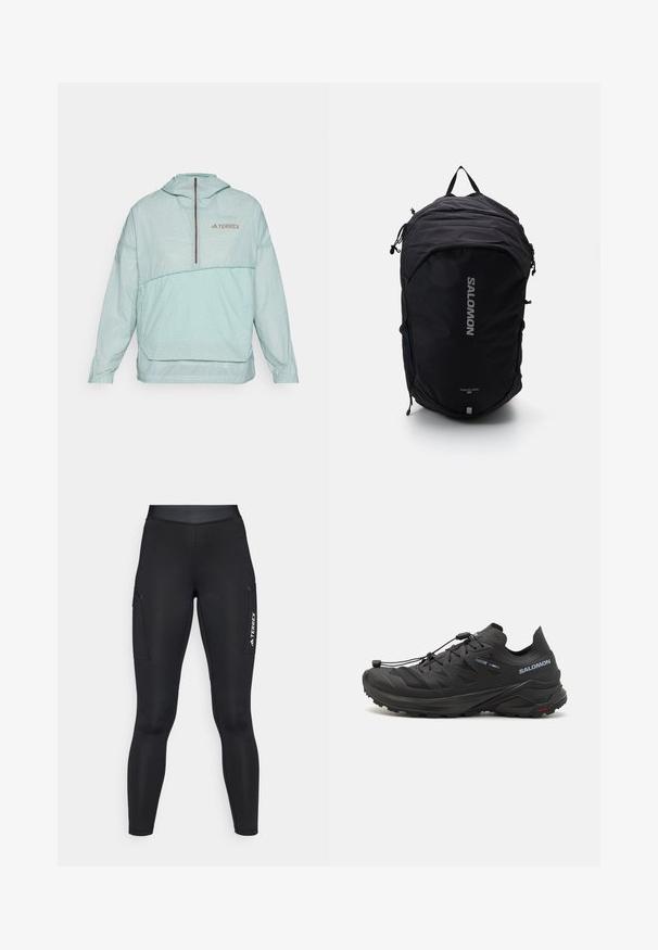 Svetlomodrá vetrovka s kapucňou a károvaným vzorom, polovičný zips vpredu, elastické manžety a logo na hrudi. Hladká textúra, ľahký dizajn.; Dlhý rukáv biely športový top s vysokým golierom a malým centrálnym logom na hrudi, zobrazený na jednoduchom pozadí.; Čierne športové legíny s priliehavým strihom, vyrobené z elastického materiálu. Obsahujú bočné vrecká a biele logo "TERREX".; Čierne trailové bežecké topánky s textúrovaným zvrškom, sieťovinovými panelmi a bezpečným systémom zapínania. Obsahujú robustnú podrážku pre lepšiu trakciu.; Čierny batoh so štíhlym dizajnom, textúrovanou tkaninou, nastaviteľnými popruhmi a výrazným strieborným logom "SALOMON" na prednej strane.