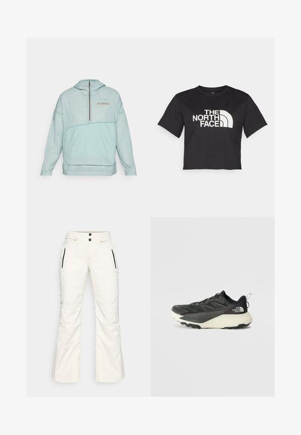 Lys grøn hættetrøje med vindjakke, i ternet mønster, halvlynlås foran, elastiske manchetter og et logo på brystet. Glat tekstur, letvægtsdesign.; Sort cropped t-shirt lavet af bomuld, med et hvidt logo med buede accenter og teksten "THE NORTH FACE" på forsiden. Korte ærmer, rund hals.; Hvide skibukser med en glat overflade, der har to lynlåslommer på siden, to knapper i taljen og et let udvidet bendesign.; Sort atletiksko med en tekstureret overdel, prydet med grå accenter og en hvid mellemsål. Inkluderer en trækslynge og en fremtrædende mærkelogo på hælen.