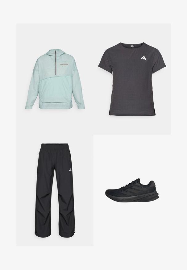 Lichtgroene gewatteerde windbreaker met een ruitpatroon, halve rits aan de voorkant, elastische manchetten en een logo op de borst. Gladde textuur, lichtgewicht ontwerp.; Korte mouwen sport t-shirt, donkergrijs met geperforeerde textuur. Bevat een wit logo en contrasterende zijstrepen. Ronde halslijn.; Zwarte, lichtgewicht, waterdichte broek met een elastische tailleband, zijzakken en verstelbare boorden. Voorzien van een wit logo op de linker bovenbeen.; Zwarte sportieve schoenen met een bovenwerk van mesh, gestroomlijnde vorm, platte zool en drie diagonale strepen aan de zijkant. Lichtgewicht ontwerp voor comfort.
