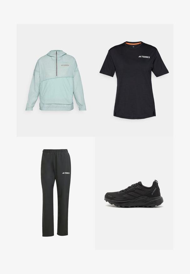 Světle zelená větrovka s kapucí a kostkovaným vzorem, se zipem do poloviny vpředu, elastickými manžetami a logem na hrudi. Hladká textura, lehký design.; Černé tričko s krátkým rukávem a kulatým výstřihem, s jemnou melanžovou strukturou a bílým logem "TERREX" na levé horní straně.; Černé lehké kalhoty s elastickým pasem. Obsahují jemné bílé logo "TERREX". Hladká tkanina a rovný střih.; Černé sportovní boty s texturovaným syntetickým svrškem, šněrováním, silnou gumovou podrážkou a nenápadnými logo akcenty na boku a patě.