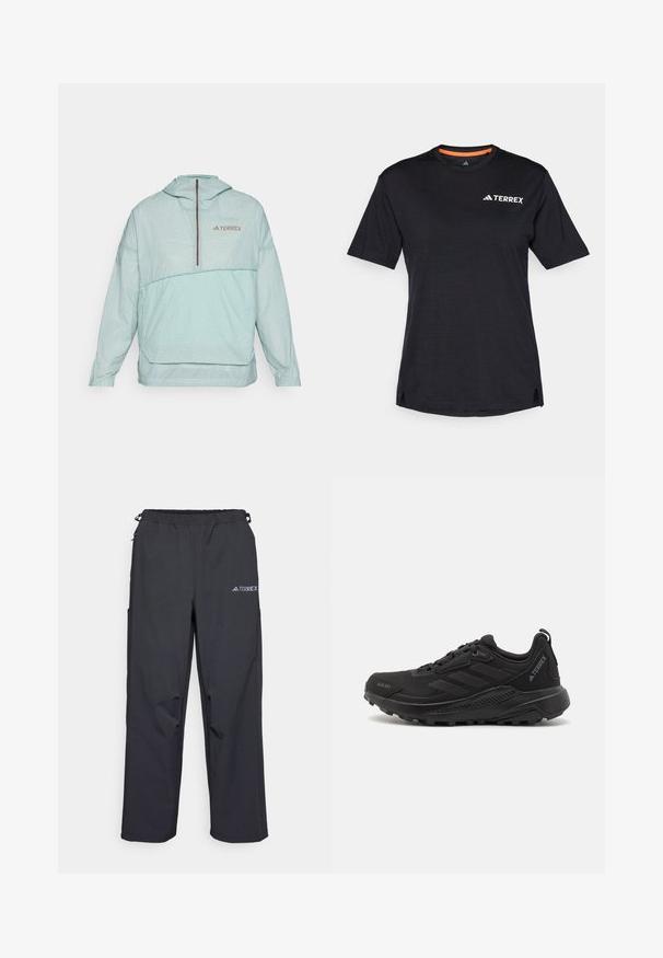 Svetlomodrá vetrovka s kapucňou a károvaným vzorom, polovičný zips vpredu, elastické manžety a logo na hrudi. Hladká textúra, ľahký dizajn.; Čierne tričko s krátkym rukávom a okrúhlym výstrihom, s jemnou melírovanou textúrou a bielym logom "TERREX" na hornej ľavej strane.; Čierne, ľahké outdoorové nohavice s elastickým pásom, bočnými vreckami a logom na hornej pravej nohe. Hladká, vodeodolná tkanina.; Čierne športové tenisky s textúrovaným syntetickým zvrškom, šnurovaním, hrubou gumovou podrážkou a diskrétnymi logovými akcentmi na boku a päte.