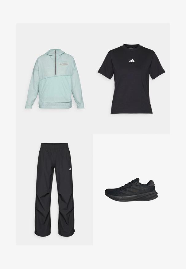 Light green hooded windbreaker with a checkered pattern, half-zip front, elastic cuffs, and a logo on the chest. Smooth texture, lightweight design.; Black short-sleeve T-shirt made of soft fabric. Features a white Adidas logo and contrasting white stripes along the sides.; Black, lightweight, waterproof pants with an elastic waistband, side pockets, and adjustable cuffs. Features a white logo on the left thigh.; Black athletic shoes with a mesh upper, streamlined shape, flat sole, and three diagonal stripes on the side. Lightweight design for comfort.