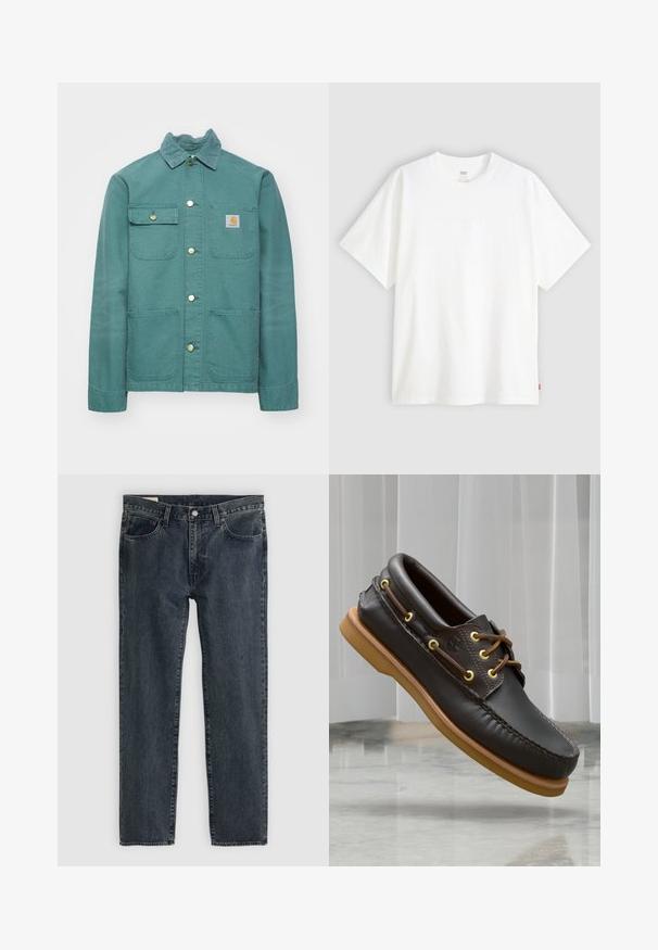 Mėlynas medvilnės švarkas su apykakle, priekiniai mygtukų užtrauktukai, du krūtinės kišenės ir kairėje pusėje lopinėlio logotipas. Lygi tekstūra ir kasdienis dizainas.; Baltas trumpas rankovės marškinėlis, pagamintas iš medvilnės, su apvalia iškirpte. Priekyje yra subtilus iškilus logotipas ir raudonas etiketas ant apačios.; Tamsiai mėlynos džinsinės kelnės su tiesioginiu kirpimu, penkiais kišenėmis ir mygtukų uždarymu. Audinys rodo subtilų išblukimą ir tekstūrą.; Rudos odinės valčių bateliai su paminkštintu dizainu, geltonomis akytėmis, rudais raišteliais ir šviesiai ruda guma; turi sudėtingas siuvimo detales.