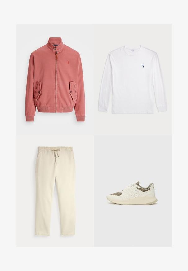 Polo Ralph Lauren GARMENT-DYED CHINO JACKET - Windbreaker - adirondack berry; White long-sleeve T-shirt made of cotton. Features a round neckline, ribbed cuffs, and a small navy blue polo logo on the left chest.; Off-white casual pants with elastic waistband and drawstring, straight legs, and side pockets against a plain background.; White and light beige athletic sneaker, featuring a mesh upper, perforated detailing, and a textured midsole with branding on the heel.