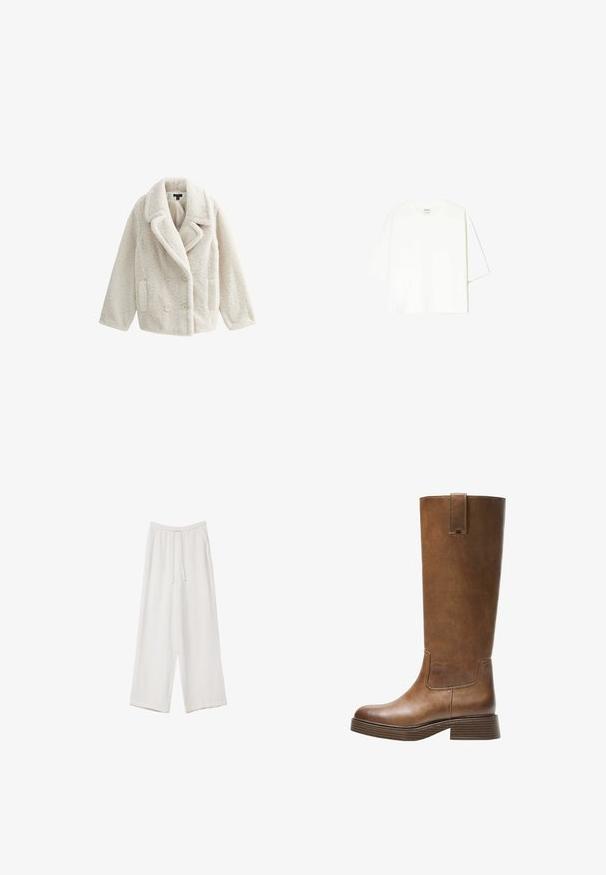 Cappotto doppiopetto avorio, soffice e voluttuoso, con ampi revers, due bottoni e tasche laterali. Texture morbida e design dalla vestibilità rilassata.; T-shirt bianco a maniche corte realizzato in cotone. Presenta un collo rotondo e una vestibilità comoda. Texture liscia senza pattern o dettagli visibili.; Pantaloni a gamba larga bianchi realizzati in un tessuto leggero. Presentano una vita elastica con cordoncino e tasche laterali. Texture liscia.; Stivale marrone in pelle alto fino al ginocchio, con punta tonda, superficie testurizzata e tacco basso impilato. Presenta un pannello laterale e una linguetta di apertura in cima.