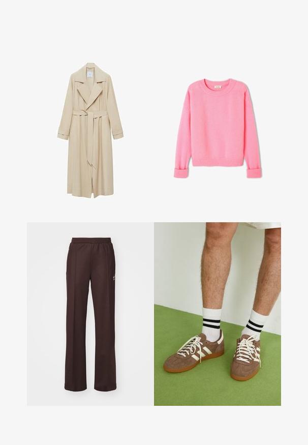 Beżowy trencz z gładkiego materiału, z wyłogowym kołnierzem, długimi rękawami, paskiem w talii oraz bocznymi kieszeniami.; Różowy, miękki sweter z okrągłym dekoltem, prążkowanymi mankietami i dołem. Tekstura wydaje się puszysta, a design jest prosty i klasyczny.; Brązowe spodnie sportowe z elastycznym pasem, dwoma bocznymi kieszeniami i małym logo po lewej stronie, wykonane z miękkiego materiału.; Brązowe zamszowe sneakersy z białymi akcentami i sznurówkami. Gumowa, brązowa podeszwa. Noszone z białymi skarpetkami w czarne paski. Zielona teksturowana podłoga.