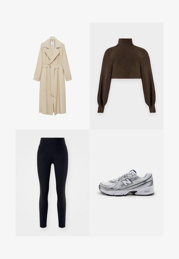 Béžový trench coat z hladkého materiálu s klopovým límcem, dlouhými rukávy, páskem v oblasti pasu a bočními kapsami.; Hnědý cropped rolák, který má jemně strukturovaný povrch a objemové rukávy, vyrobený z měkkého a teplého materiálu.; Černé legíny s vysokým pasem, vyrobené z elastického materiálu, s hladkým povrchem a přiléhavým střihem až ke kotníkům.; Sportovní obuv New Balance s horní částí ze síťoviny, převážně bílá s šedými a námořnickými akcenty, s polstrovanou podrážkou a texturovanými detaily.