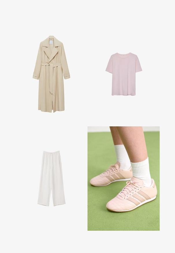 Béžový trench coat z hladkého materiálu s klopovým límcem, dlouhými rukávy, páskem v oblasti pasu a bočními kapsami.; Světle růžové bavlněné tričko s krátkým rukávem, kulatým výstřihem a volným střihem. Hladká textura a jednoduchý design, bez dalších vzorů nebo akcentů.; Bílé široké kalhoty vyrobené z lehké tkaniny. Mají elastický pas se šňůrkou a boční kapsy. Hladká textura.; Svetle růžové sportovní boty s diagonálním švem, bílou podrážkou a třemi bočními pruhy. Nosené s bílými žebrovanými ponožkami na zeleném povrchu.