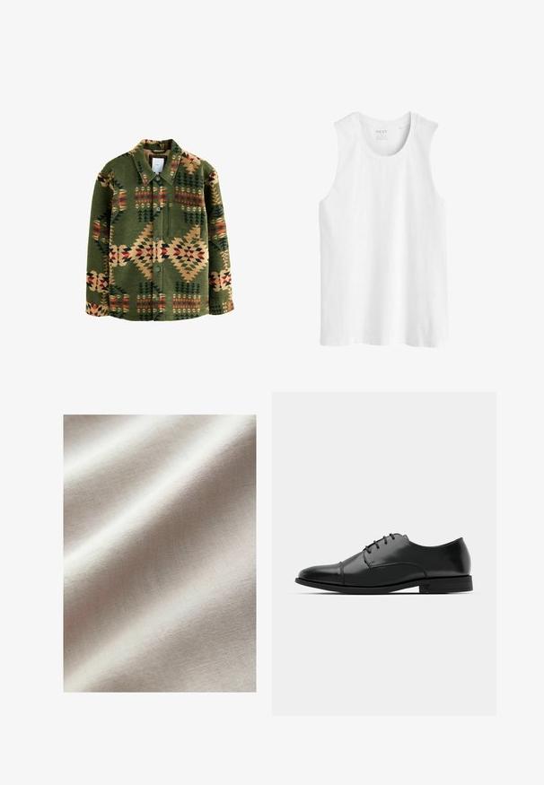 Chaqueta de camisa verde con diseño geométrico en rojo, beige y verde oscuro; hecha de tela suave; incluye botones y un bolsillo en el pecho.; Top sin mangas de color blanco hecho de algodón. Presenta un escote redondo y un dobladillo recto con un ajuste regular y sin patrones ni adornos.; Tejido de color beige claro con una textura suave y un sutil patrón tejido. La superficie muestra granos finos y uniformes, mejorando su apariencia natural.; Zapato de vestir de cuero negro con punta redondeada, diseño con cordones, detalles de costura sutiles y un tacón bajo. Textura suave con acabado pulido.