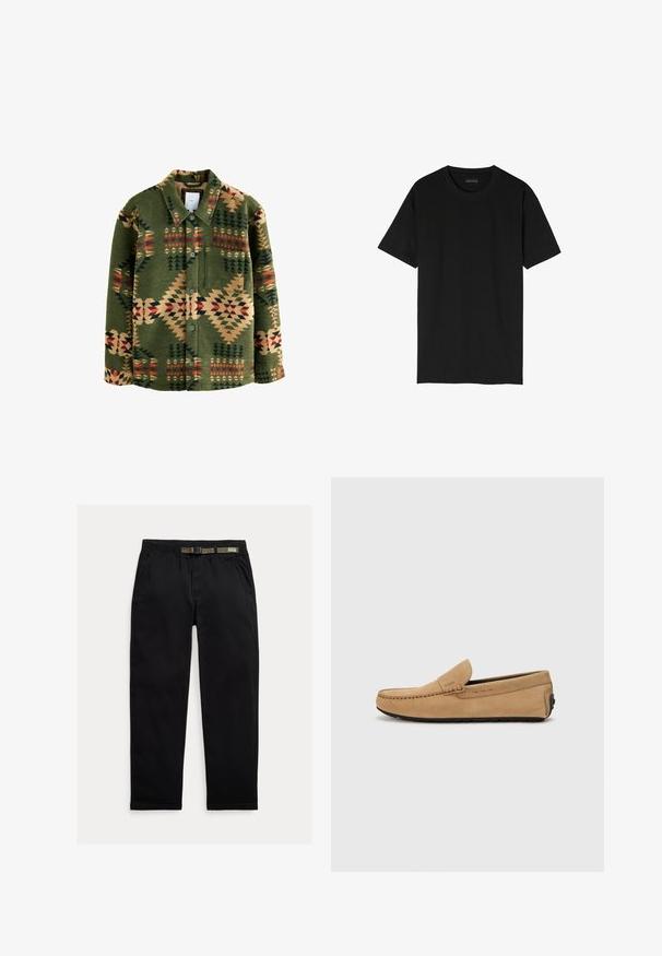 Veste chemise à motif vert présentant des designs géométriques en rouge, beige et vert foncé ; fabriquée en tissu doux ; comprend des boutons et une poche poitrine.; T-shirt noir à manches courtes en coton. Il présente un col rond classique et un design simple et sans embellissement.; Pantalon noir en tissu léger, avec une taille élastique intégrant une ceinture verte, coupe droite et poches latérales.; Mocassin beige en suède avec un bout cousu, design à enfiler et semelle en caoutchouc noir. Présente un logo discret sur le côté.