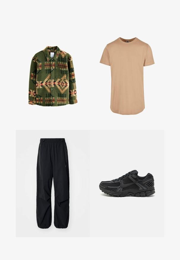 Green patterned shirt jacket featuring geometric designs in red, beige, and dark green; made of soft fabric; includes buttons and a chest pocket.; Beige short-sleeve t-shirt with a round neckline, straight hem, and soft cotton material. Simple, unembellished design without patterns.; Black lightweight cargo pants with an elastic waistband, side zippers, and spacious pockets. Features a loose fit and tapered cuffs.; Black athletic shoe featuring mesh upper, rubber sole, and textured accents. Design includes pronounced lacing system and cushioned sole.