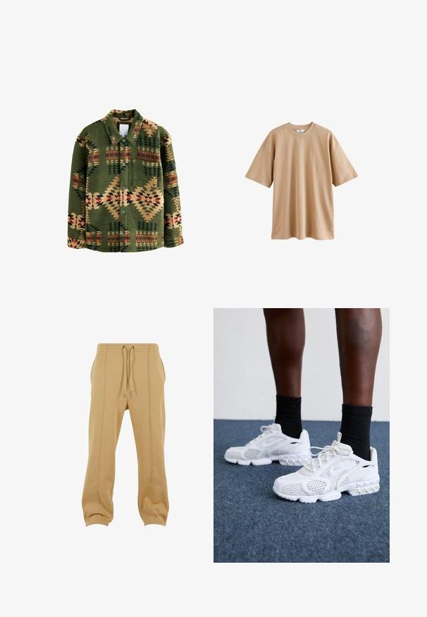 Grüne gemusterte Shirtjacke mit geometrischen Mustern in Rot, Beige und Dunkelgrün; aus weichem Stoff gefertigt; mit Knöpfen und einer Brusttasche.; Beige T-Shirt aus Baumwolle mit kurzen Ärmeln, rundem Ausschnitt und lässiger Passform. Der Stoff hat eine glatte Textur und keine Muster oder Akzente.; Beige Sweatpants aus weichem Material, mit einem Kordelzugbund, Seitentaschen und vertikalen Nähdetails an den Beinen.; Weiße Sportschuhe mit Mesh-Obermaterial, strukturierten Akzenten und gepolsterter Sohle. Kombieirt mit schwarzen gerippten Knöchelsocken auf einer blauen Teppichoberfläche.