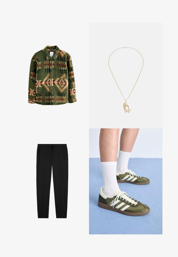 Grøn skjortejakke med mønstre i geometriske designs i rød, beige og mørkegrøn; lavet af blødt stof; inkluderer knapper og en brystlomme.; Kortærmet t-shirt i lys brun, fremstillet af blødt stof, med en rund halsudskæring og afslappet pasform uden synlige mønstre eller detaljer.; Sorte elastiske bukser med en snøre i taljen, udstyret med sidelommer og en glat tekstur, designet med en straight leg pasform.; Grønne og beige træningssko med tre hvide striber, tekstureret materiale, gummisåler, parret med hvide ankelsokker på en blå overflade.; Guldtonet halskæde med lås, der har et vedhæng af foldede hænder detaljeret med riller og en tekstureret overflade.