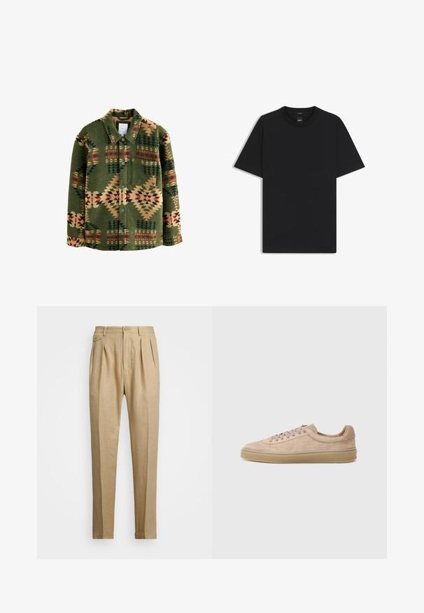 Veste chemise à motif vert présentant des designs géométriques en rouge, beige et vert foncé ; fabriquée en tissu doux ; comprend des boutons et une poche poitrine.; T-shirt noir à manches courtes en coton mélangé doux, avec un col rond et un design minimaliste sans motifs ni accents.; Pantalons en lin beige avec une coupe droite, arbore deux pinces à l'avant, une fermeture à bouton et des poches latérales. Tissu texturé avec une finition lisse.; Baskets en suede marron à profil bas avec des lacets assortis et une semelle en caoutchouc épaisse, présentées en vue de côté sur fond blanc.