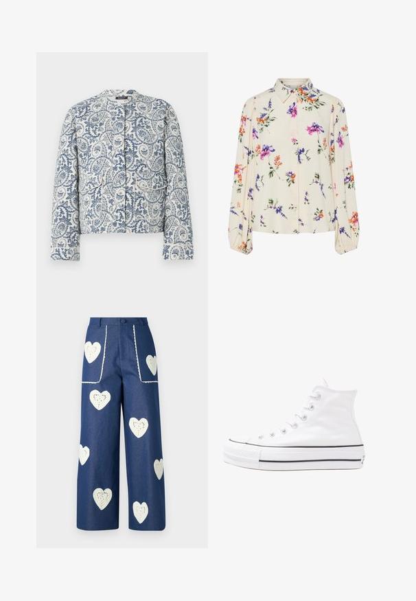 Giacca con motivo paisley blu e bianco, caratterizzata da un colletto rotondo, maniche lunghe e due tasche frontali con chiusura a patta.; Blusa floreale con maniche puff lunghe, base di un chiaro crema, caratterizzata da motivi floreali in viola, arancione e verde, con un classico design del colletto.; Sister Jane HEART TO HEART - Jeans a sigaretta - blue denim; Sneaker alta in tela bianca con suola in gomma nera, punta in gomma frontale e sei asole per i lacci, caratterizzata da un design pulito e minimalista.