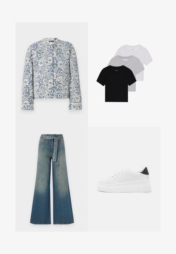 Veste à motifs paisley bleus et blancs, avec un col rond, des manches longues et deux poches avant avec des fermetures à rabat.; Ensemble de trois t-shirts à manches courtes en noir, gris et blanc. Fabriqués en coton, avec un col rond et un design simple de couleur unie.; Pantalons en denim à jambe large présentant un dégradé de bleu clair à bleu foncé, taille haute, passants de ceinture et une ceinture en tissu assortie. Finition en denim texturé.; Baskets plates blanches en matériau synthétique lisse, avec un bout arrondi, un design à lacets et une semelle en caoutchouc texturé. Accent de talon noir.