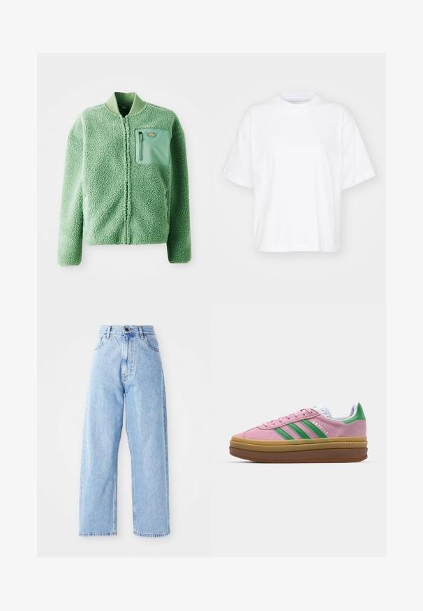 Casaco de lã verde com uma superfície texturizada, apresentando um bolso no peito com fecho zip. Fecho frontal com zíper, mangas longas.; T-shirt de algodão branco com decote redondo, mangas curtas e um corte descontraído. Apresenta um logotipo discreto na área do peito esquerdo. Textura suave.; Jeans de ganga azul claro de cintura alta, com pernas largas e retas, fecho frontal por botão e zip e bolsos à frente e atrás.; Ténis de camurça rosa com riscas verdes, detalhes brancos e sola de borracha castanha. Apresenta tecido texturizado e detalhes de logótipo na lateral.
