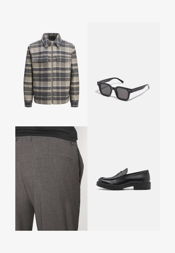 Kurtka w kratę w kolorze szarym, beżowym i białym. Wykonana z wełny, ma kołnierz, zamek błyskawiczny z przodu oraz dwie kieszenie na piersi. Charakteryzuje się swobodnym, pudełkowym krojem.; Kremowy sweter z kołnierzykiem, zapinany na cztery guziki, z szerokimi prążkowanymi mankietami i dołem. Miękka tekstura, luźny krój i minimalistyczny design.; Szare dopasowane spodnie o gładkiej strukturze, z pojedynczą kieszenią z tyłu i slim fit. Tkanina ma subtelny wzór.; Czarne skórzane mokasyny z okrągłym nosałem, wsuwanym fasonem i grubą gumową podeszwą z teksturowanym uchwytem. Podwyższona pięta i subtelne detale przeszycia.; Czarne prostokątne okulary przeciwsłoneczne z ciemnymi soczewkami, charakteryzujące się grubą oprawką, subtelnymi akcentami po bokach i brakiem widocznych logo poza nazwą marki.; Czarna torba na ramię wykonana z wytrzymałego materiału, z dwoma długimi uchwytami, regulowanymi paskami oraz przednią kieszenią. Teksturowana powierzchnia z minimalnym logo.