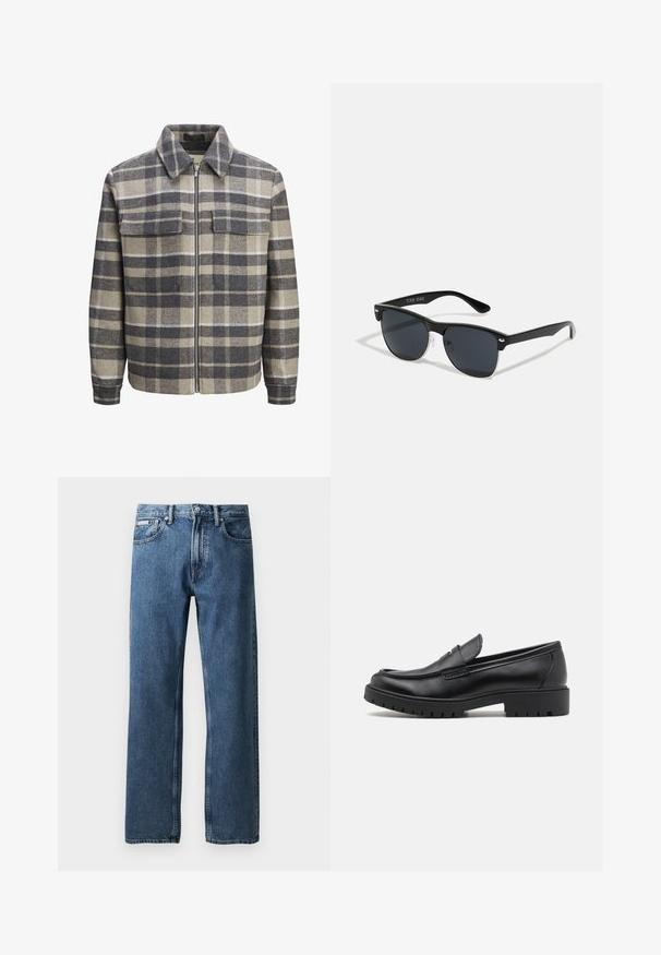 Giacca a quadri in grigio, beige e bianco. Realizzata in lana, con colletto, zip frontale e due tasche sul petto. Ha una vestibilità casual e ampia.; Maglione a collo alto nero realizzato in morbido materiale knit. Presenta maniche lunghe, colletto e orlo a costine. Design semplice e lineare senza motivi.; Jeans in denim blu a gamba dritta con vita alta, chiusura a bottone e zip, tasche frontali e un piccolo etichetta bianca del marchio sulla tasca destra.; Mocassini in pelle nera con punta arrotondata, design senza lacci e suola in gomma spessa con battistrada testurizzato. Tacco elevato e dettagli di cucitura discreti.; Occhiali da sole neri con forma rettangolare, lenti scure, dettagli in argento alle tempie e finitura opaca sulla montatura.