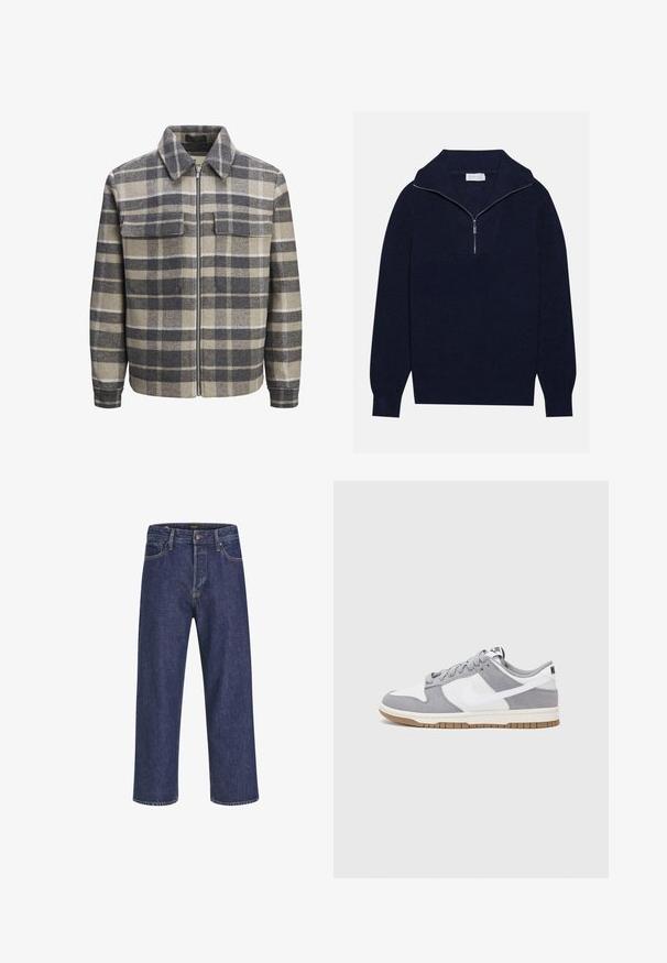 Giacca a quadri in grigio, beige e bianco. Realizzata in lana, con colletto, zip frontale e due tasche sul petto. Ha una vestibilità casual e ampia.; Maglione a maglia blu navy con colletto a mezza zip, caratterizzato da una texture a coste e un design a forma di V nella parte anteriore. Maniche lunghe e orlo aderente.; Jeans in denim blu scuro con taglio dritto, design a cinque tasche, chiusura con bottone in metallo e cuciture in contrasto, caratterizzati da una leggera trama.; Sneaker grigia e bianca con tomaia in suede e pelle, punta arrotondata, lacci piatti e soletta in gomma con un accento color caramello.